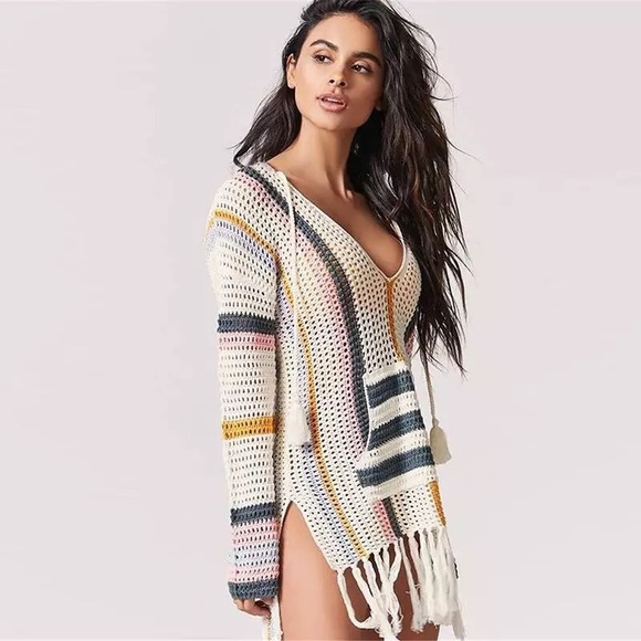 Crochet beach top bikini swimsuit cover up pocket shirt white stripe - Picture 3 of 3